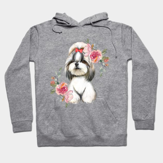 Cute Shih Tzu Puppy Dog with Flowers Watercolor Art Hoodie by AdrianaHolmesArt